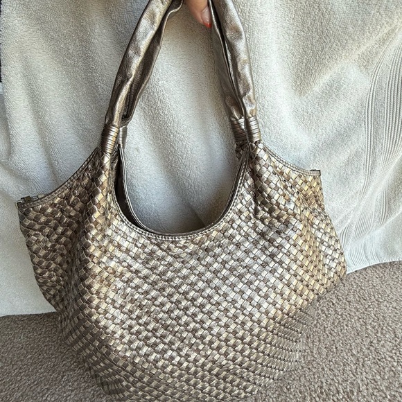 ELLIOT LUCCA Silver, Gold and Pewter Leather Woven Hobo Shoulder Bag, Tote - Picture 1 of 15